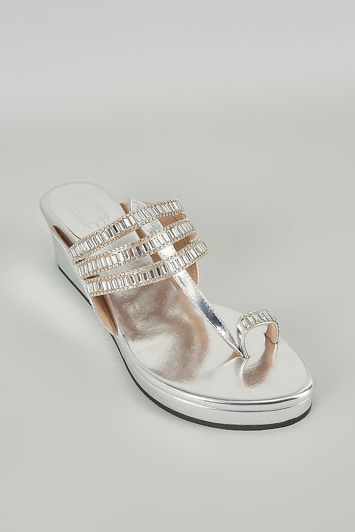 Silver Faux Leather Heels by stoffa bride at Pernia's Pop Up Shop