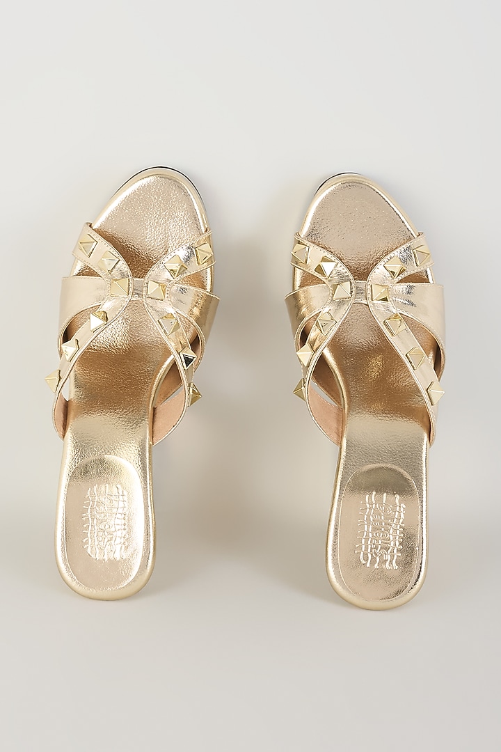 Light Gold Faux Leather Block Heels by stoffa bride at Pernia's Pop Up Shop