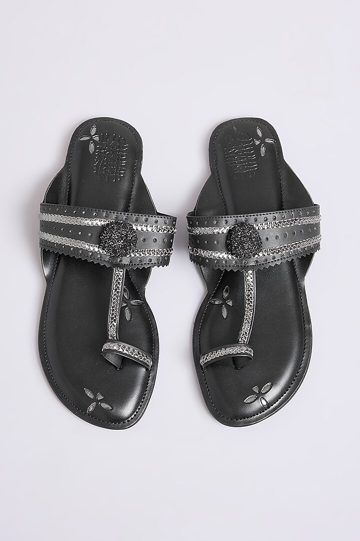 Black Faux Leather & Suede Flats by stoffa bride at Pernia's Pop Up Shop