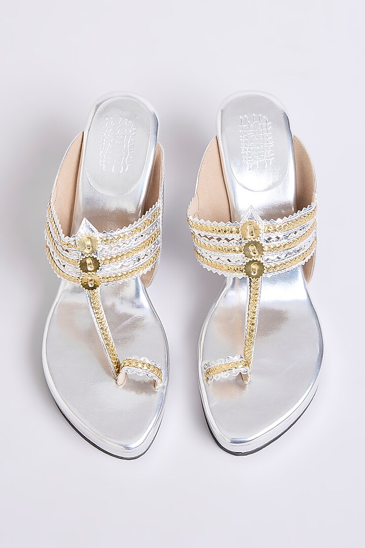 Silver Faux Leather & Suede Heels by stoffa bride at Pernia's Pop Up Shop
