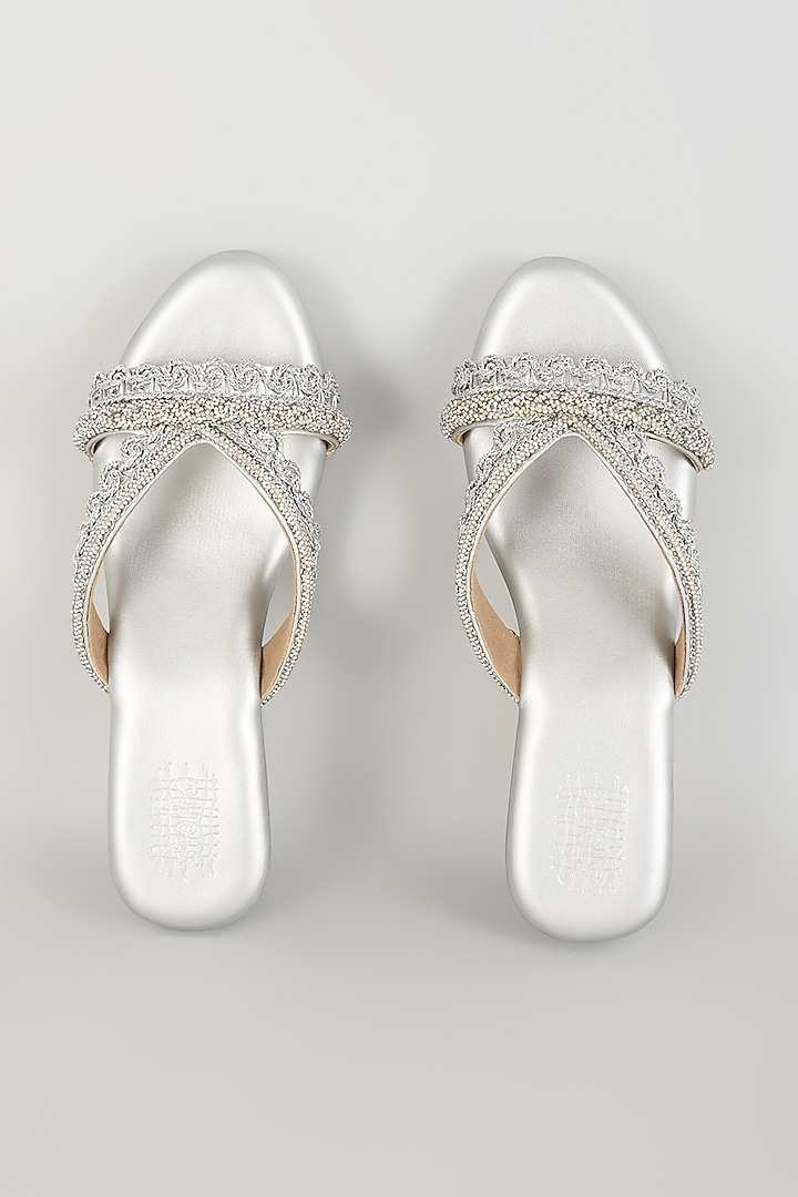 Matte Silver Faux Leather Block Heels by stoffa bride at Pernia's Pop Up Shop