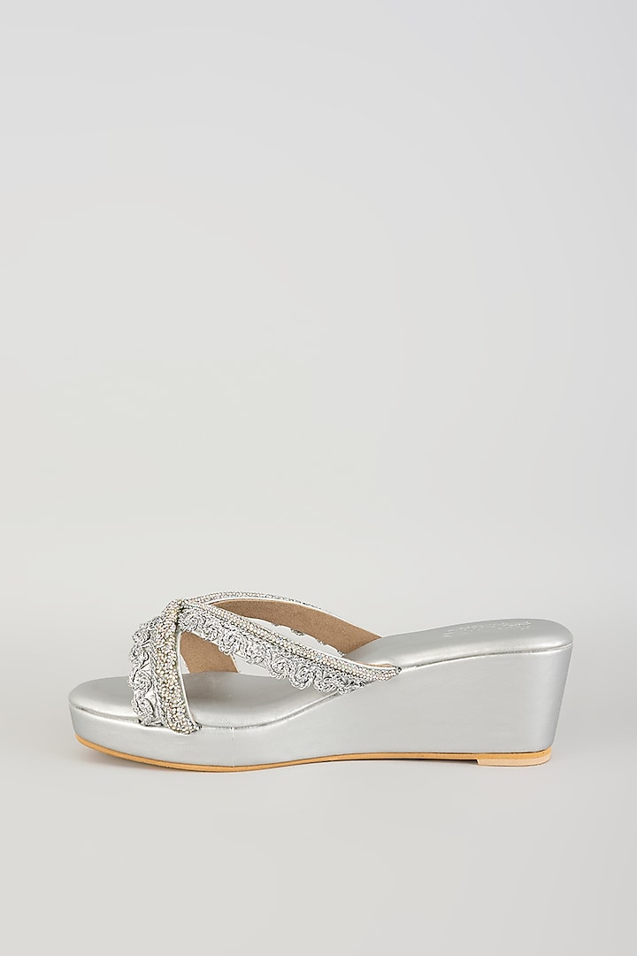 Matte Silver Faux Leather Block Heels by stoffa bride at Pernia's Pop Up Shop