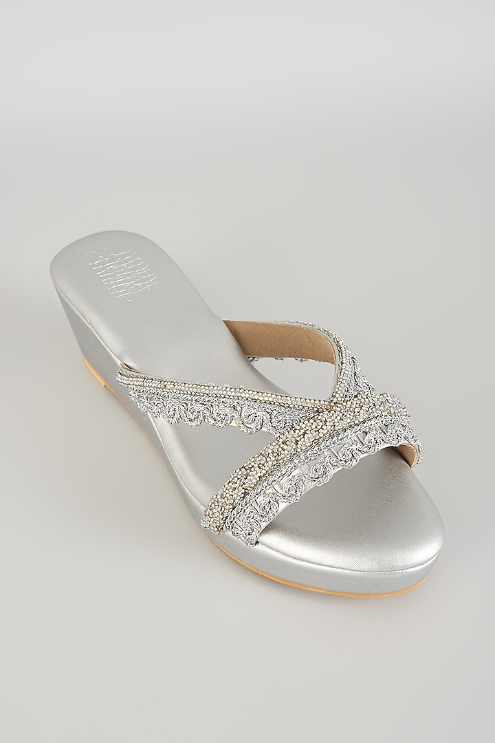 Matte Silver Faux Leather Block Heels by stoffa bride at Pernia's Pop Up Shop