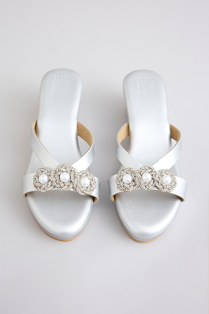 Matte Silver Faux Leather Heels by Stoffa Bride at Pernia's Pop Up Shop