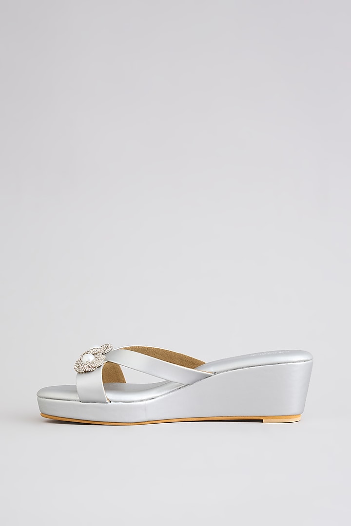 Matte Silver Faux Leather Heels by Stoffa Bride at Pernia's Pop Up Shop