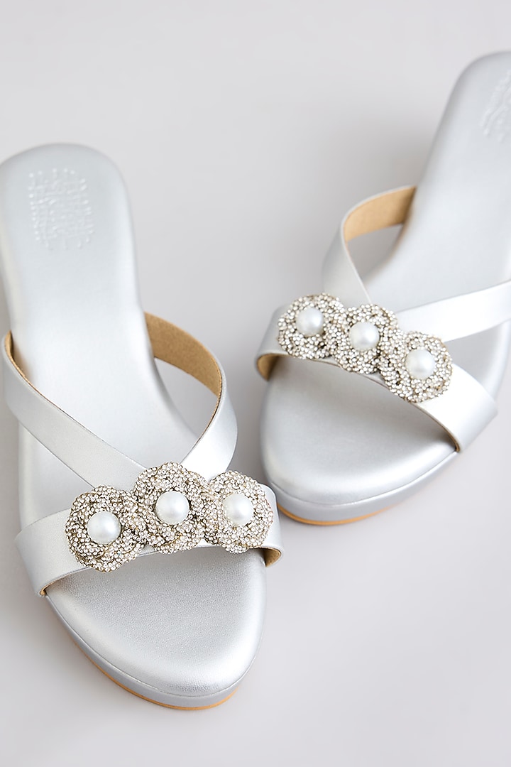 Matte Silver Faux Leather Heels by Stoffa Bride at Pernia's Pop Up Shop