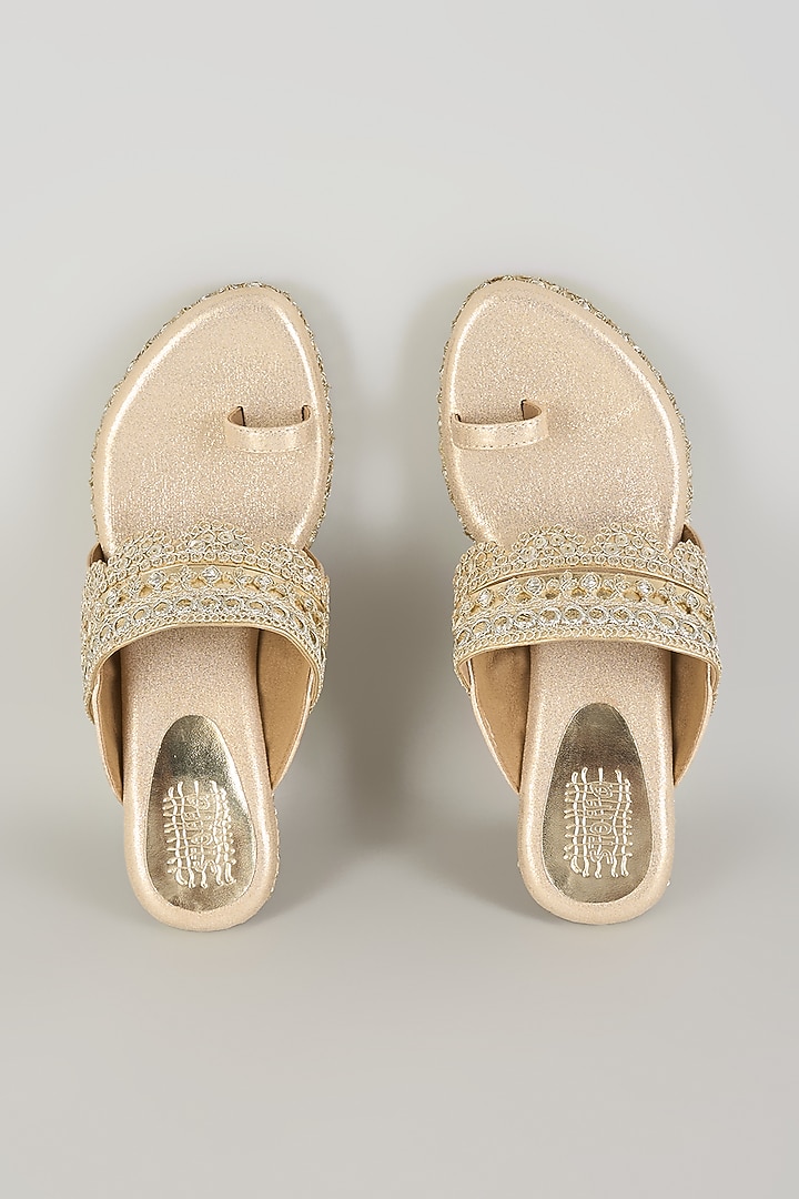 Champagne Faux Leather Kolhapuri Block Heels by stoffa bride at Pernia's Pop Up Shop