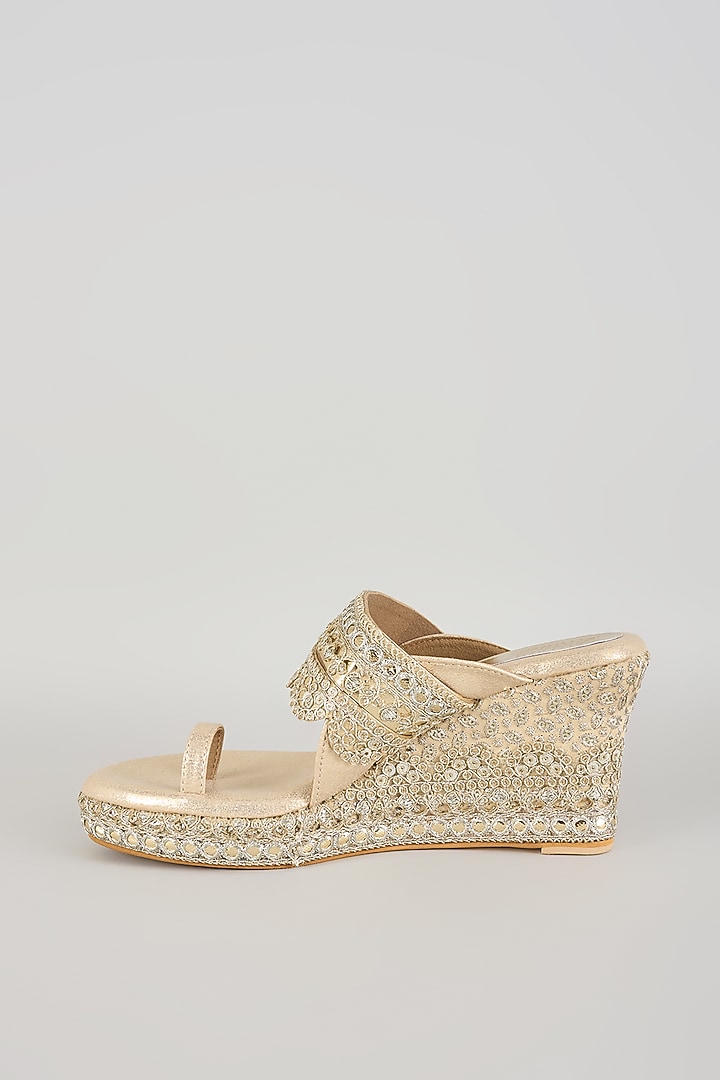 Champagne Faux Leather Kolhapuri Block Heels by stoffa bride at Pernia's Pop Up Shop