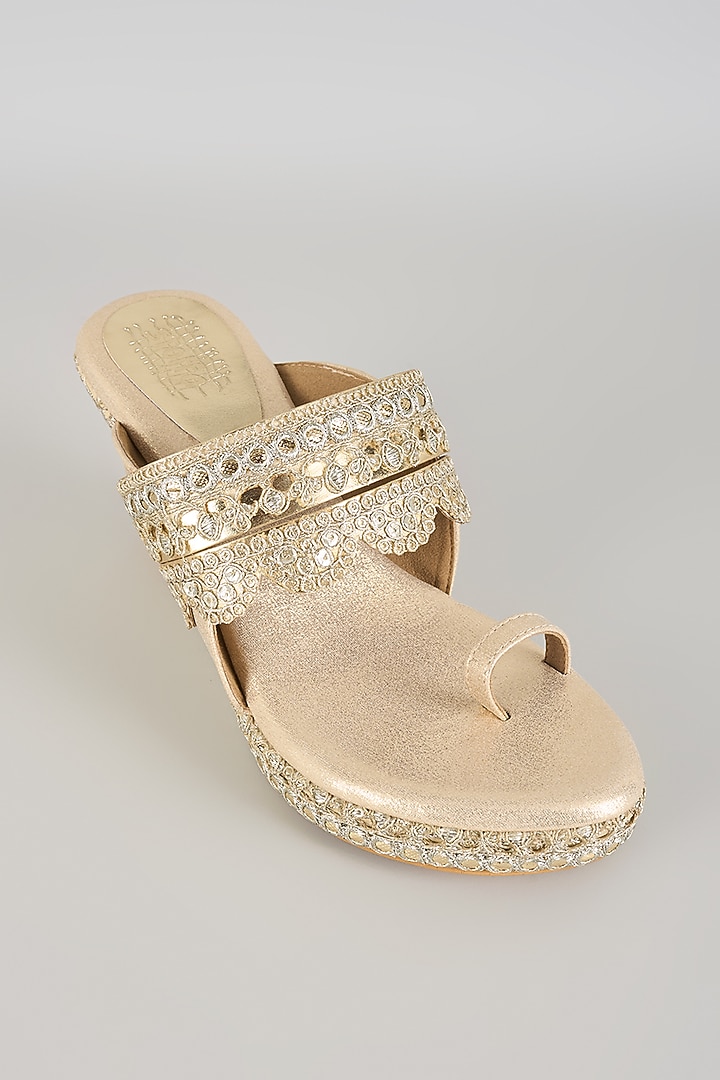 Champagne Faux Leather Kolhapuri Block Heels by stoffa bride at Pernia's Pop Up Shop