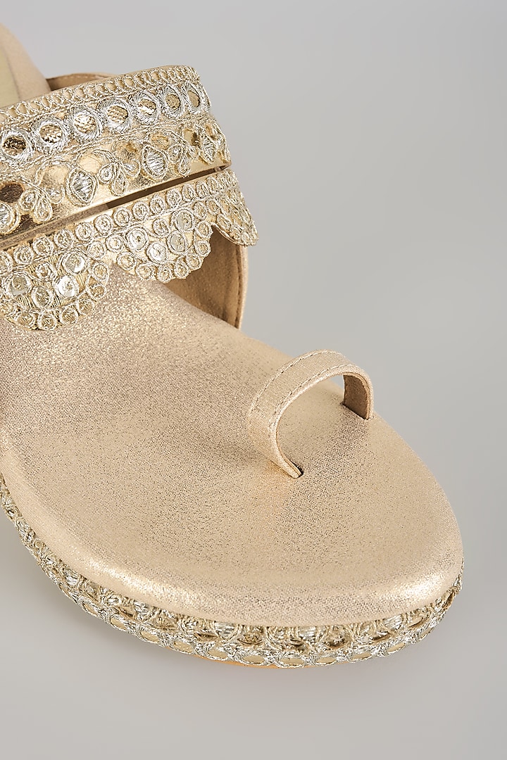Champagne Faux Leather Kolhapuri Block Heels by stoffa bride at Pernia's Pop Up Shop