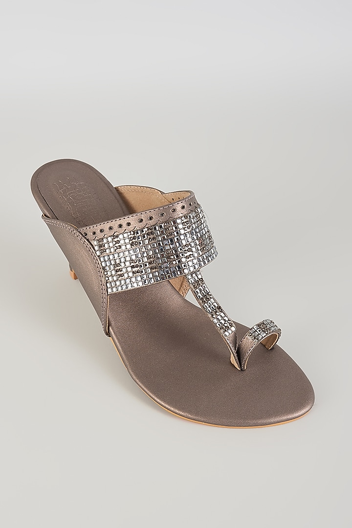 Slate Grey Faux Leather Kolhapuri Heels by stoffa bride at Pernia's Pop Up Shop
