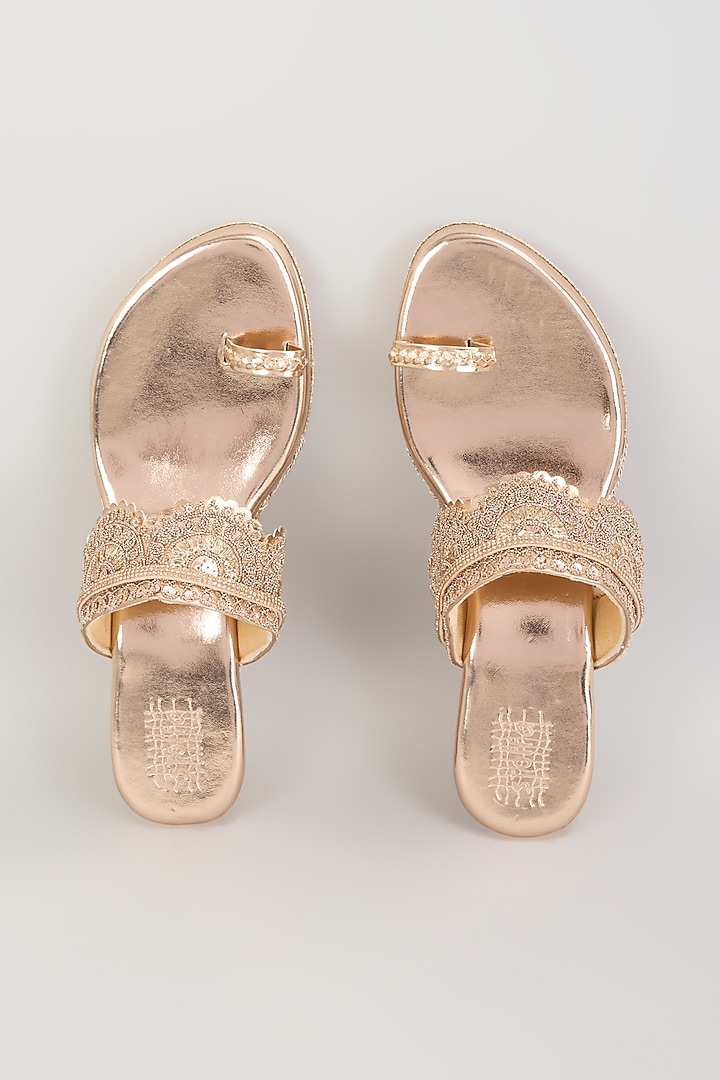 Rose Gold Faux Leather Kolhapuri Wedges by stoffa bride at Pernia's Pop Up Shop