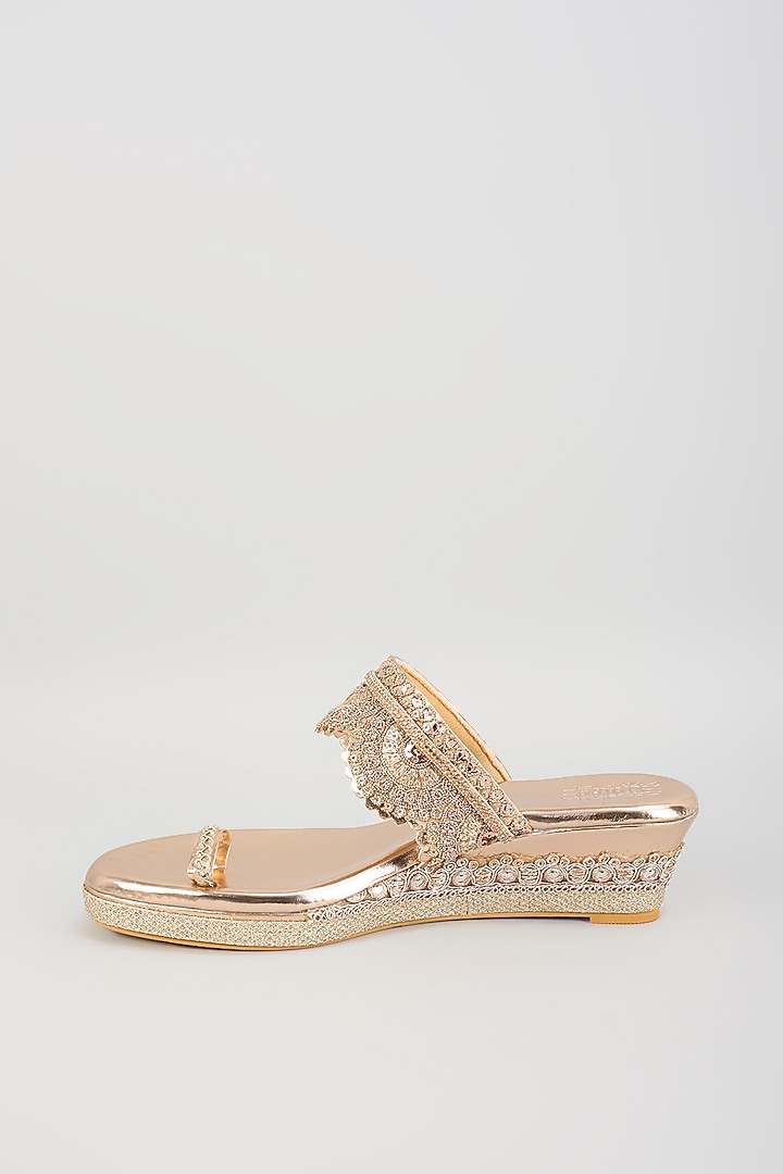 Rose Gold Faux Leather Kolhapuri Wedges by stoffa bride at Pernia's Pop Up Shop