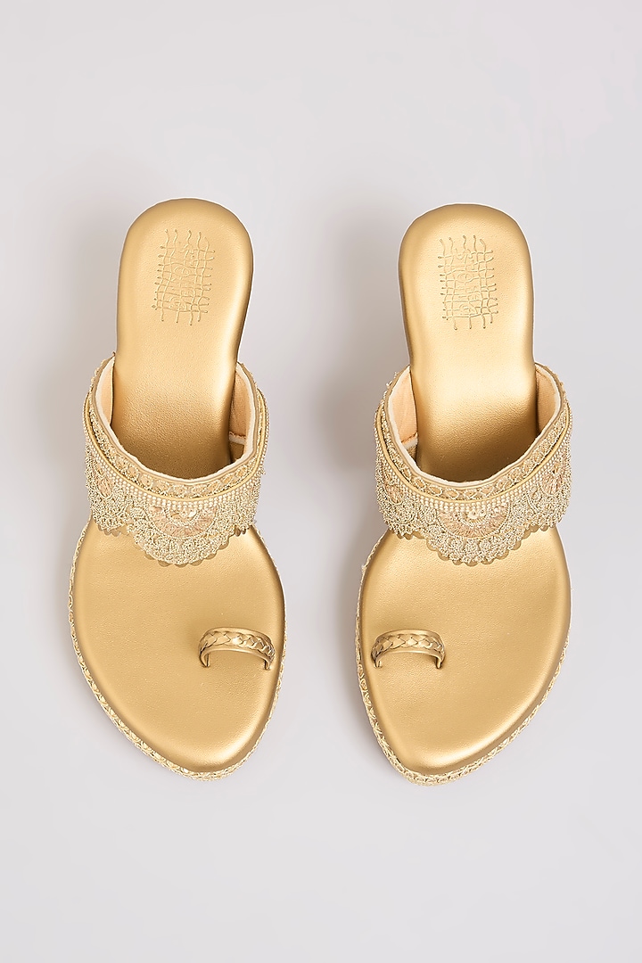 Antique Gold Faux Leather Heels by Stoffa Bride at Pernia's Pop Up Shop