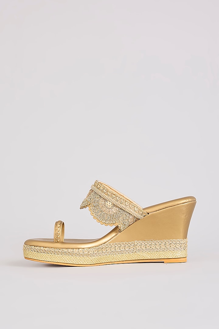 Antique Gold Faux Leather Heels by Stoffa Bride at Pernia's Pop Up Shop