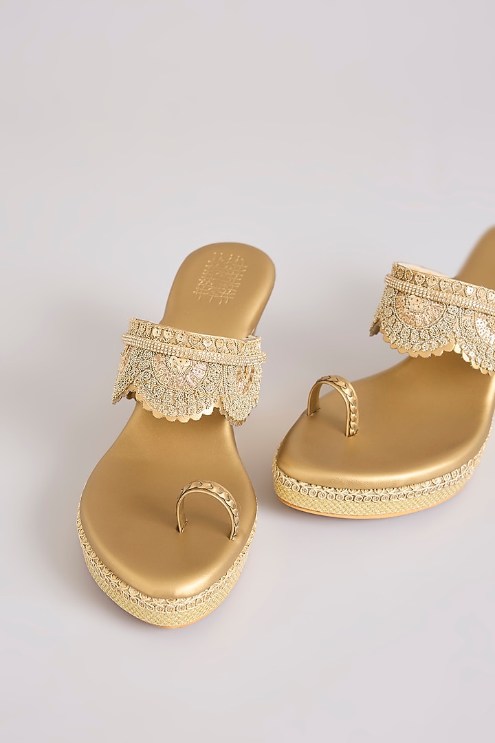 Antique Gold Faux Leather Heels by Stoffa Bride at Pernia's Pop Up Shop