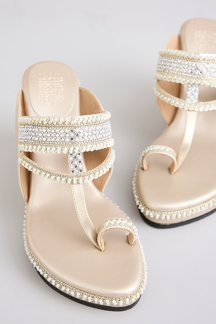 Pearl White Faux Leather Kolhapuri Heels by Stoffa Bride at Pernia's Pop Up Shop