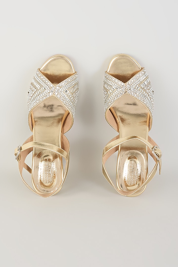 Light Gold Faux Leather Block Heels by stoffa bride at Pernia's Pop Up Shop