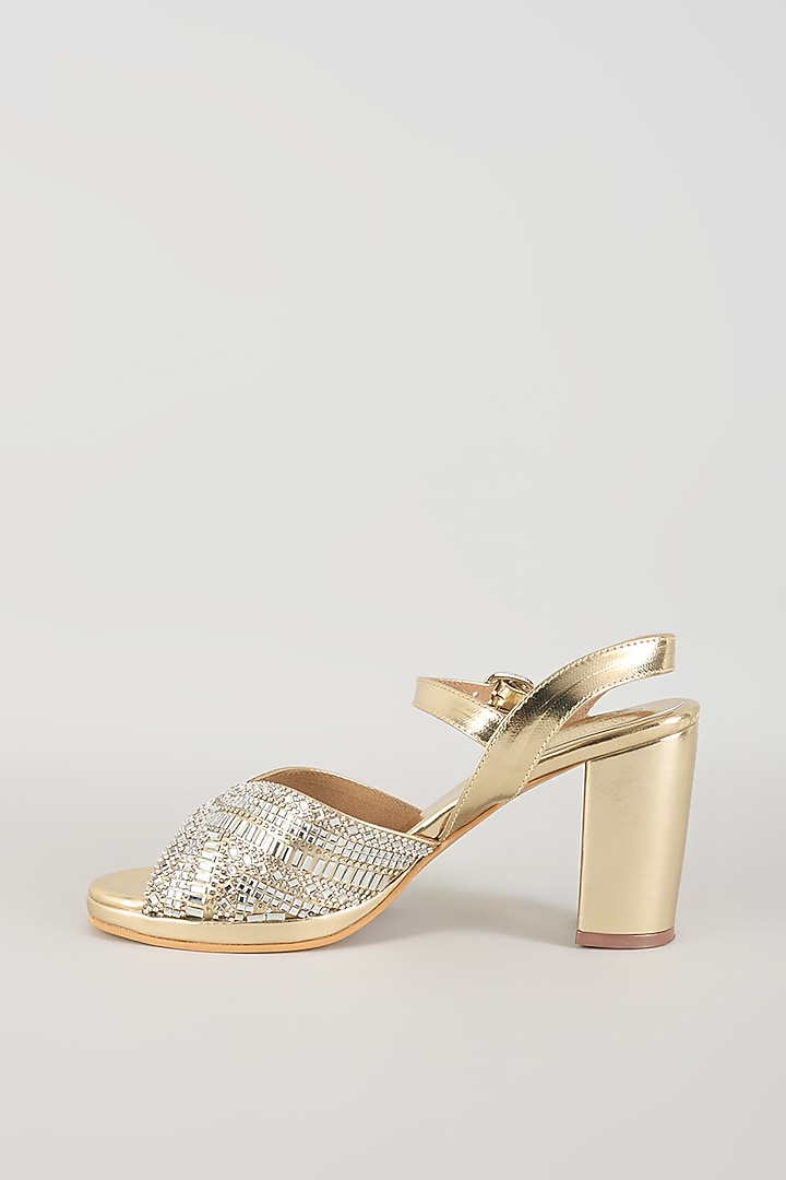 Light Gold Faux Leather Block Heels by stoffa bride at Pernia's Pop Up Shop