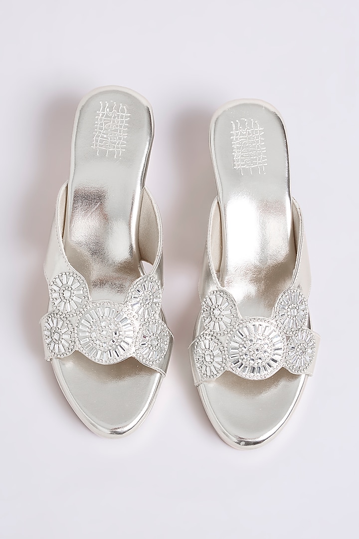 Silver Faux Leather & Suede Heels by stoffa bride at Pernia's Pop Up Shop