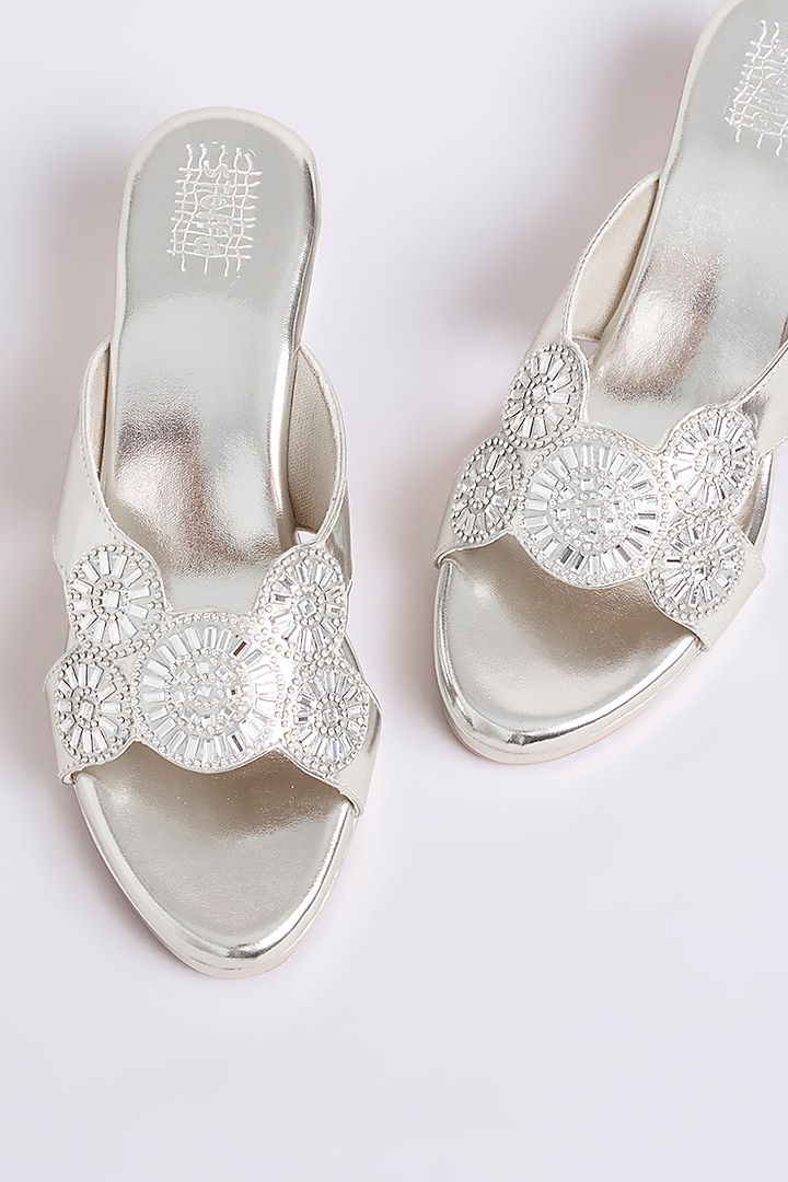 Silver Faux Leather & Suede Heels by stoffa bride at Pernia's Pop Up Shop