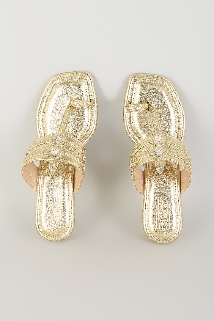 Gold Faux Leather Kolhapuri Block Heels by stoffa bride at Pernia's Pop Up Shop