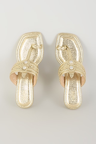 Gold Faux Leather Kolhapuri Block Heels by stoffa bride