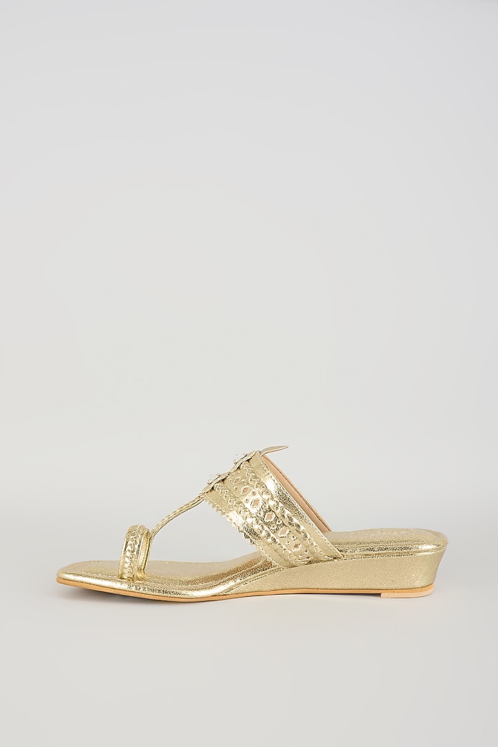 Gold Faux Leather Kolhapuri Block Heels by stoffa bride at Pernia's Pop Up Shop