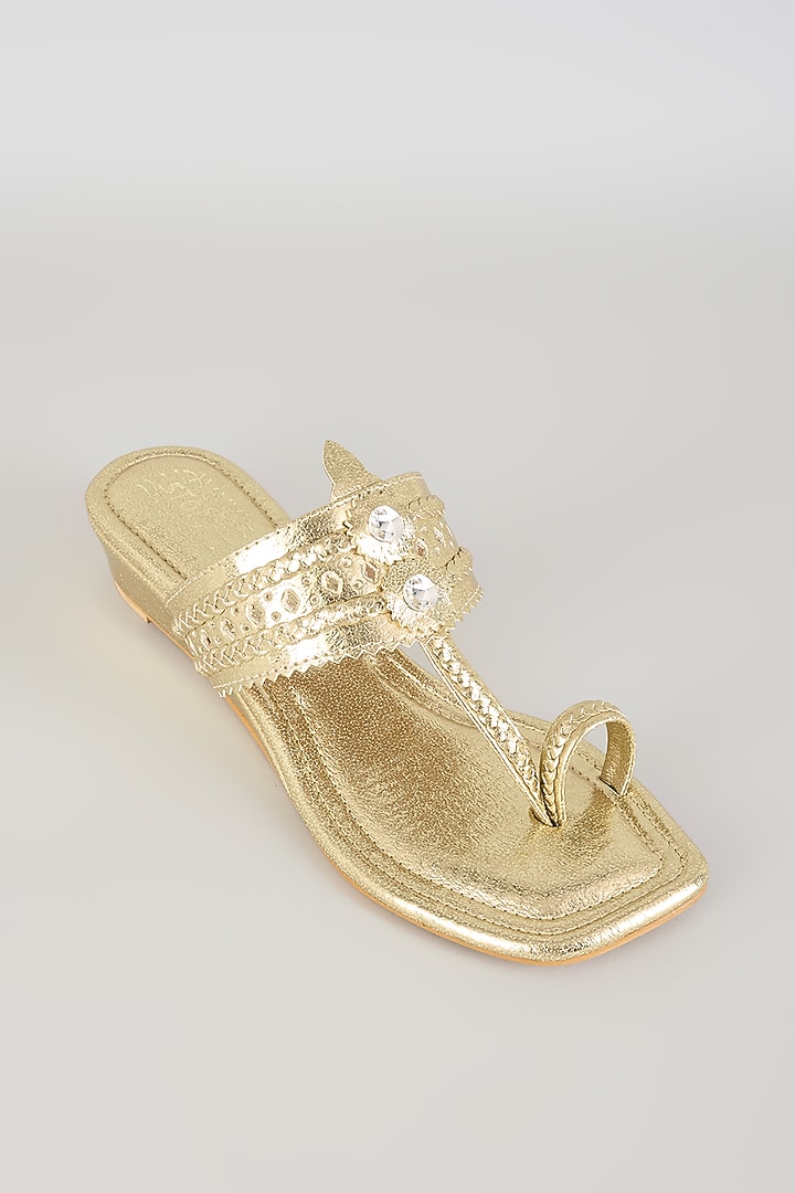 Gold Faux Leather Kolhapuri Block Heels by stoffa bride at Pernia's Pop Up Shop