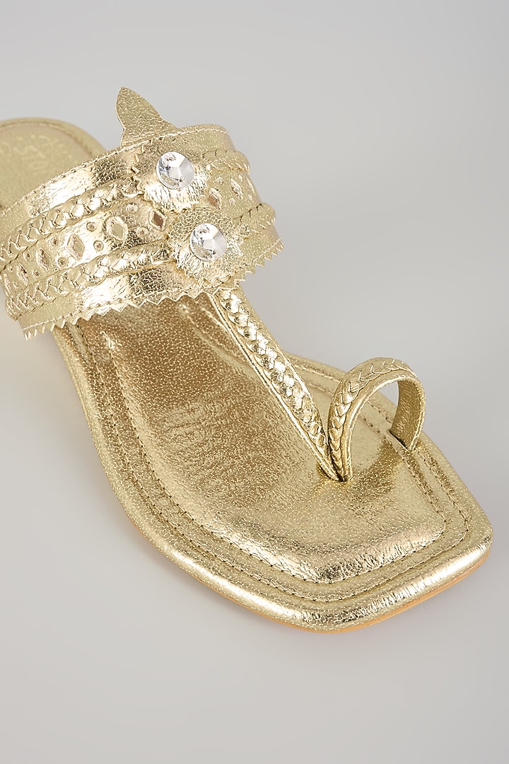 Gold Faux Leather Kolhapuri Block Heels by stoffa bride at Pernia's Pop Up Shop