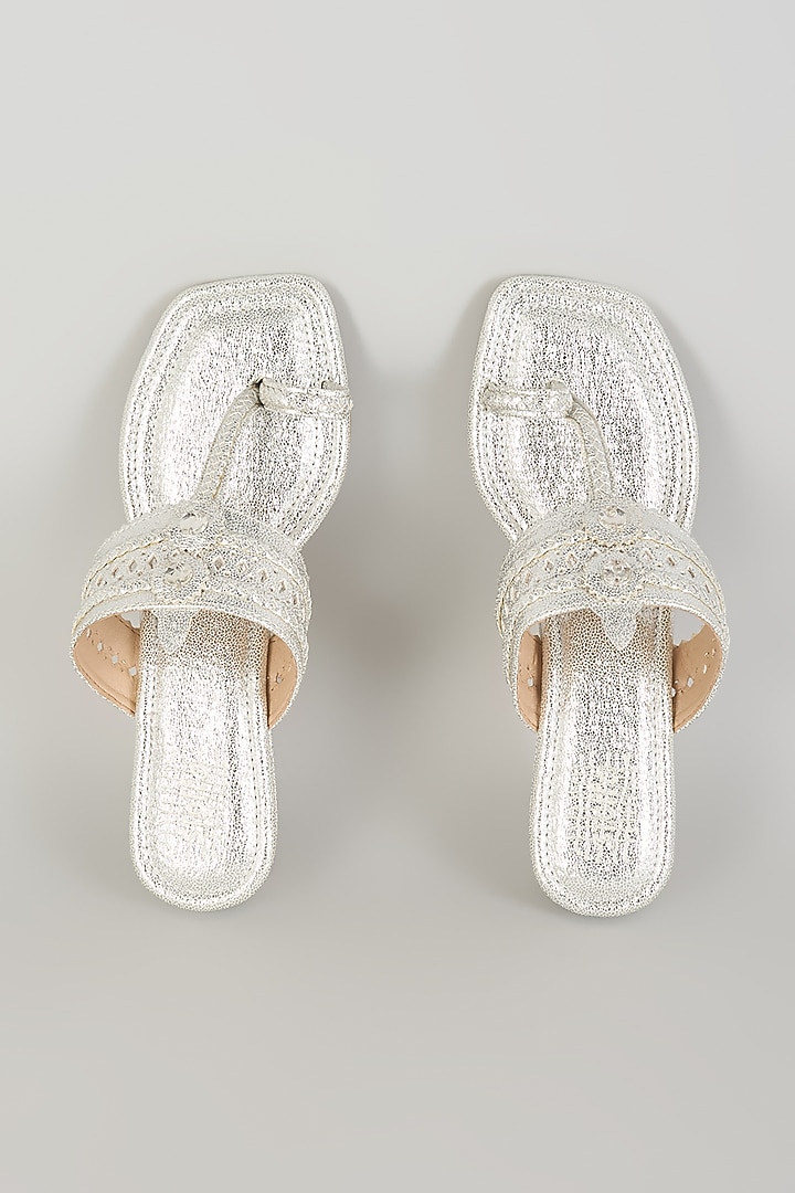 Silver Faux Leather Kolhapuri Block Heels by stoffa bride at Pernia's Pop Up Shop