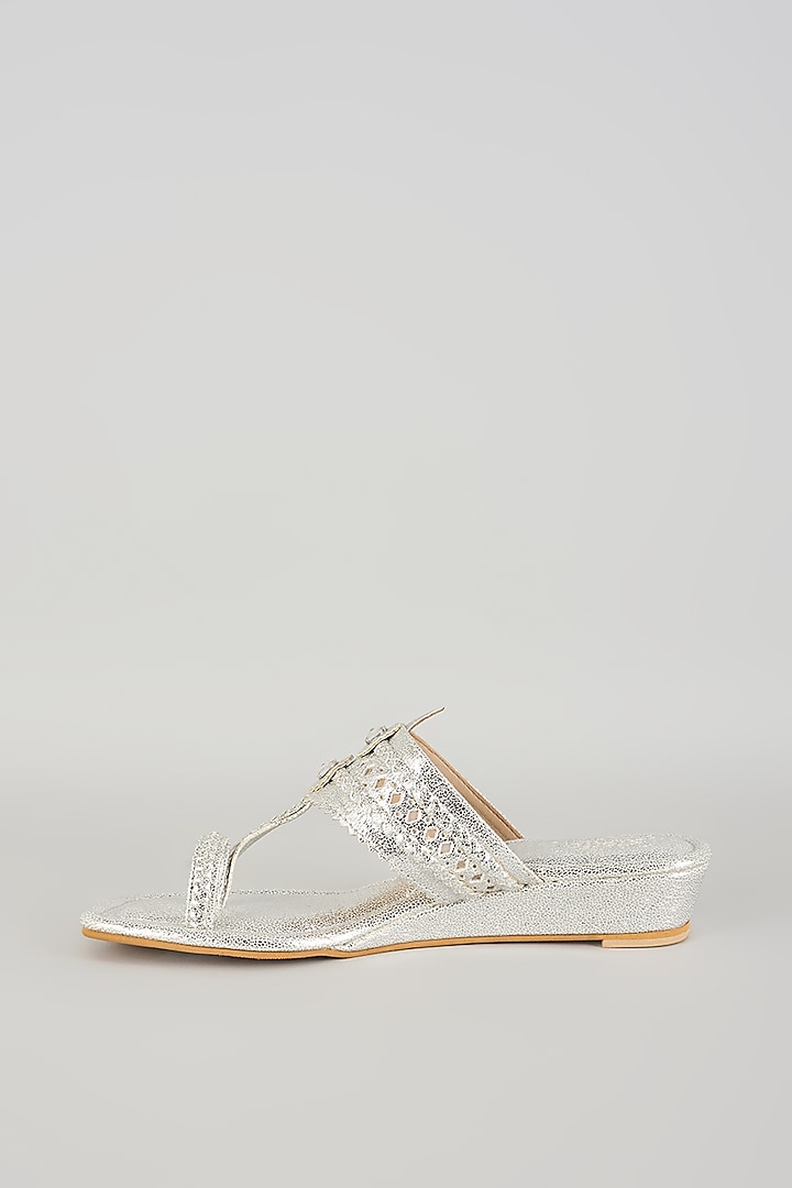 Silver Faux Leather Kolhapuri Block Heels by stoffa bride at Pernia's Pop Up Shop