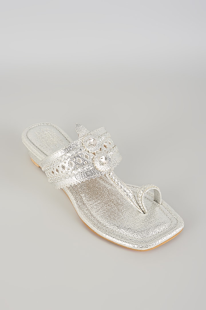Silver Faux Leather Kolhapuri Block Heels by stoffa bride at Pernia's Pop Up Shop