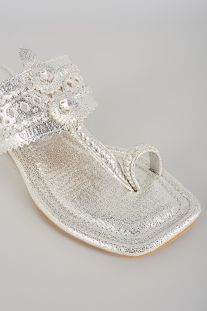 Silver Faux Leather Kolhapuri Block Heels by stoffa bride at Pernia's Pop Up Shop