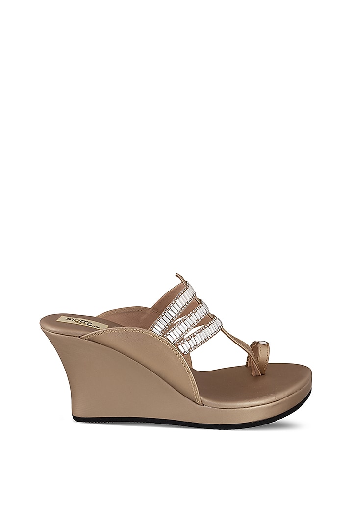 Champagne Faux Leather Crystal Embroidered Wedges by Stoffa Bride at Pernia's Pop Up Shop