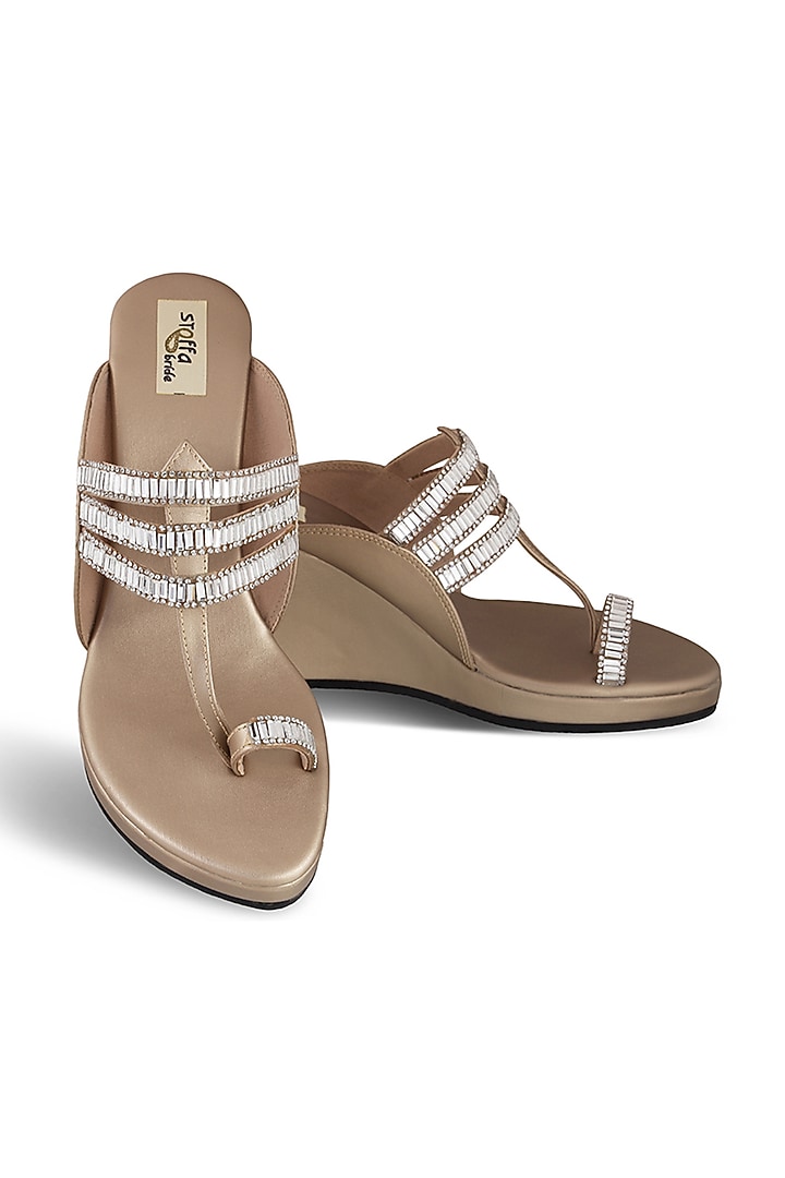 Champagne Faux Leather Crystal Embroidered Wedges by Stoffa Bride at Pernia's Pop Up Shop
