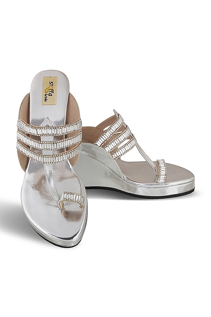 Silver Faux Leather Crystal Embroidered Wedges by Stoffa Bride at Pernia's Pop Up Shop