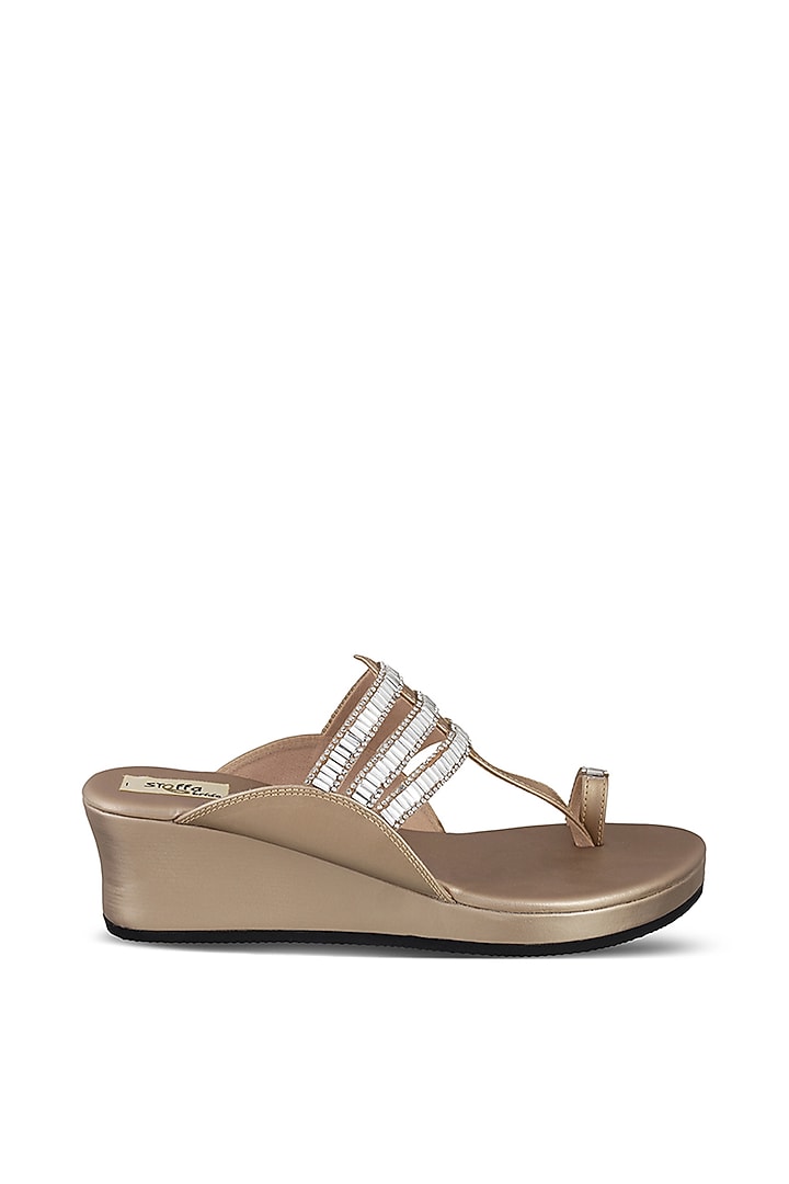 Champagne Faux Leather Crystal Embroidered Wedges by Stoffa Bride at Pernia's Pop Up Shop
