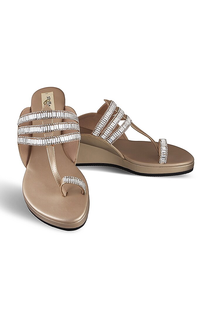 Champagne Faux Leather Crystal Embroidered Wedges by Stoffa Bride at Pernia's Pop Up Shop