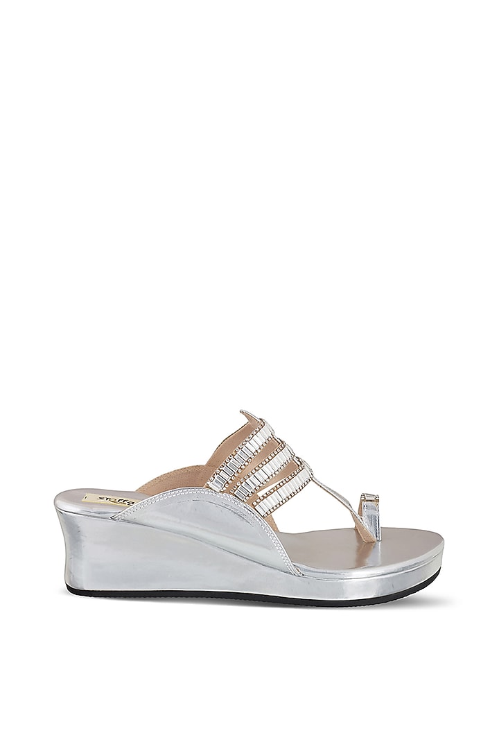 Silver Faux Leather Crystal Embroidered Wedges by Stoffa Bride at Pernia's Pop Up Shop