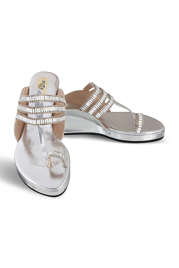 Silver Faux Leather Crystal Embroidered Wedges by Stoffa Bride at Pernia's Pop Up Shop