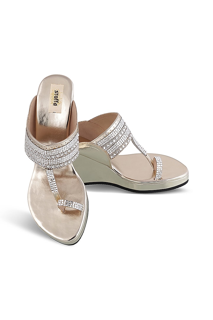 Light Gold Faux Leather Crystal Embroidered Wedges by Stoffa Bride at Pernia's Pop Up Shop