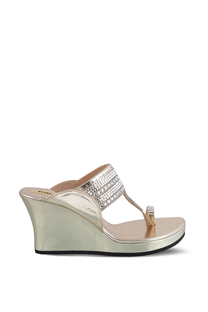 Light Gold Faux Leather Crystal Embroidered Wedges by Stoffa Bride at Pernia's Pop Up Shop