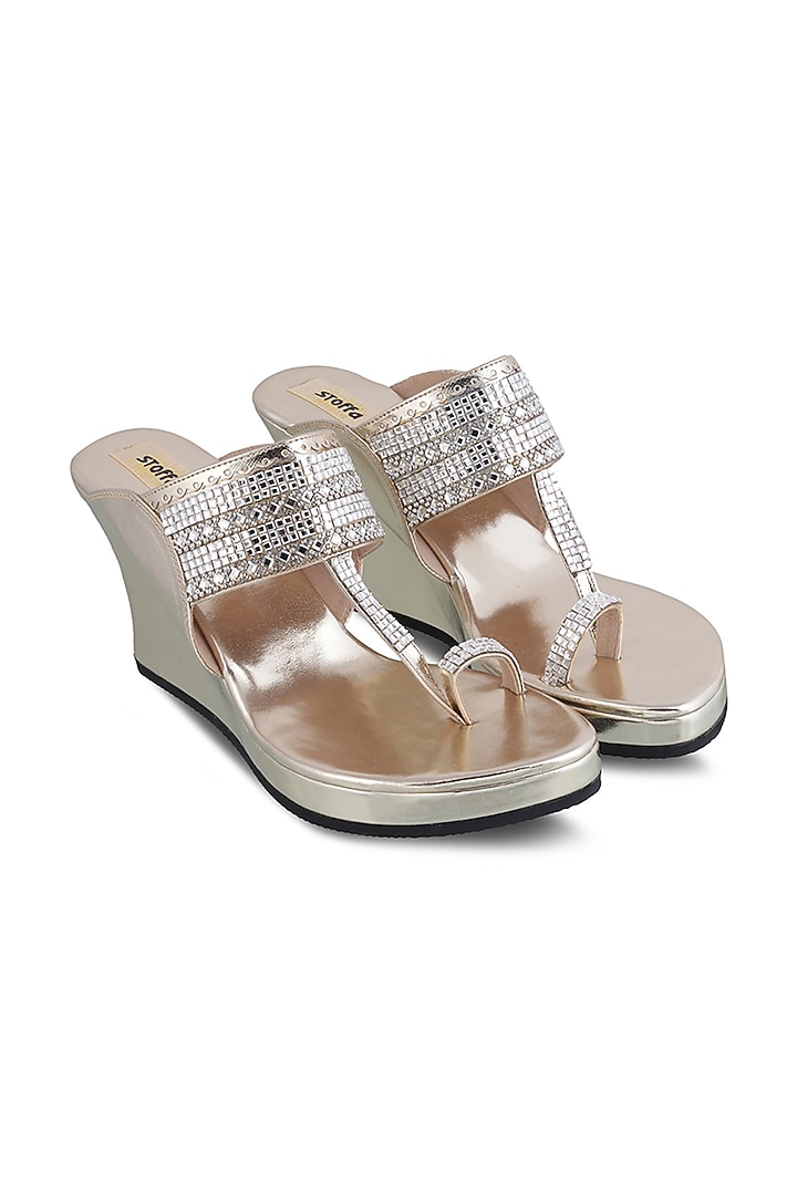 Light Gold Faux Leather Crystal Embroidered Wedges by Stoffa Bride at Pernia's Pop Up Shop