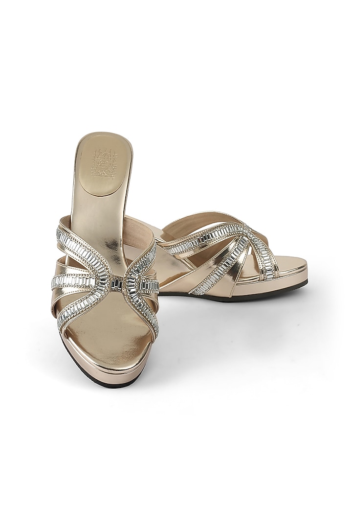 Light Gold Faux Leather Crystal Embroidered Wedges by Stoffa Bride at Pernia's Pop Up Shop