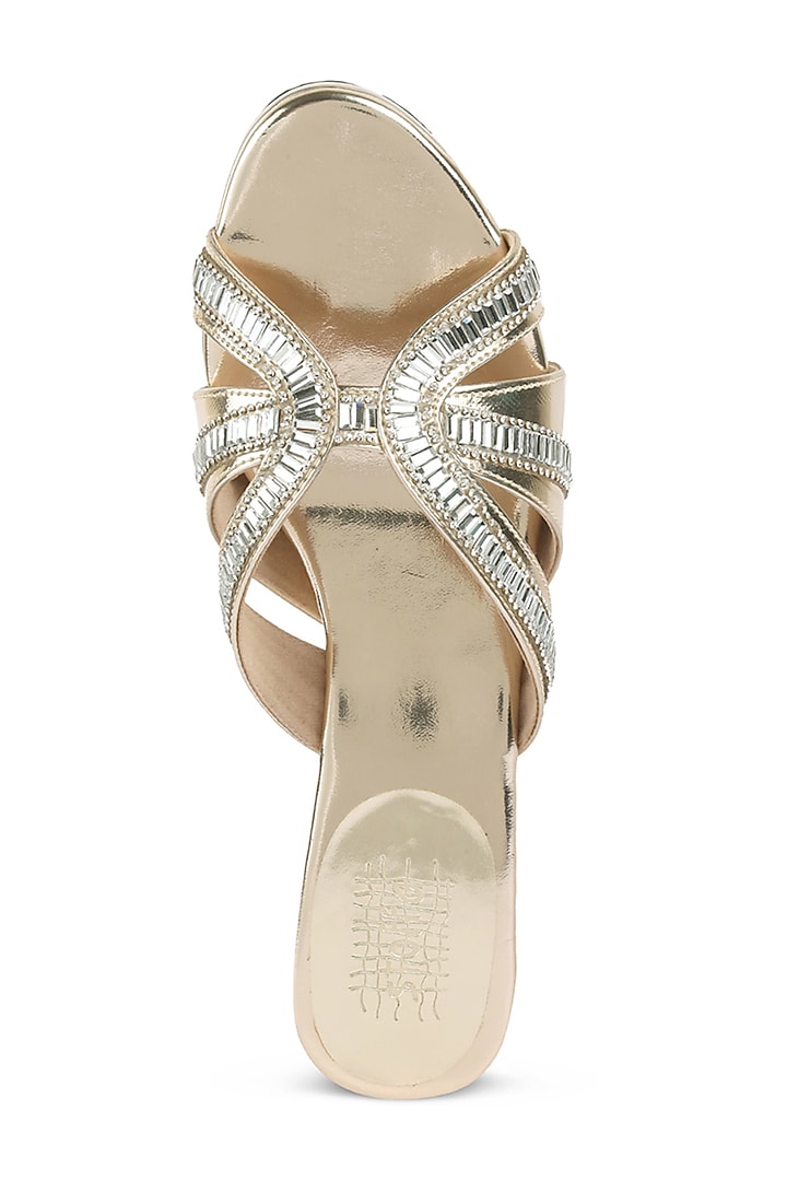 Light Gold Faux Leather Crystal Embroidered Wedges by Stoffa Bride at Pernia's Pop Up Shop