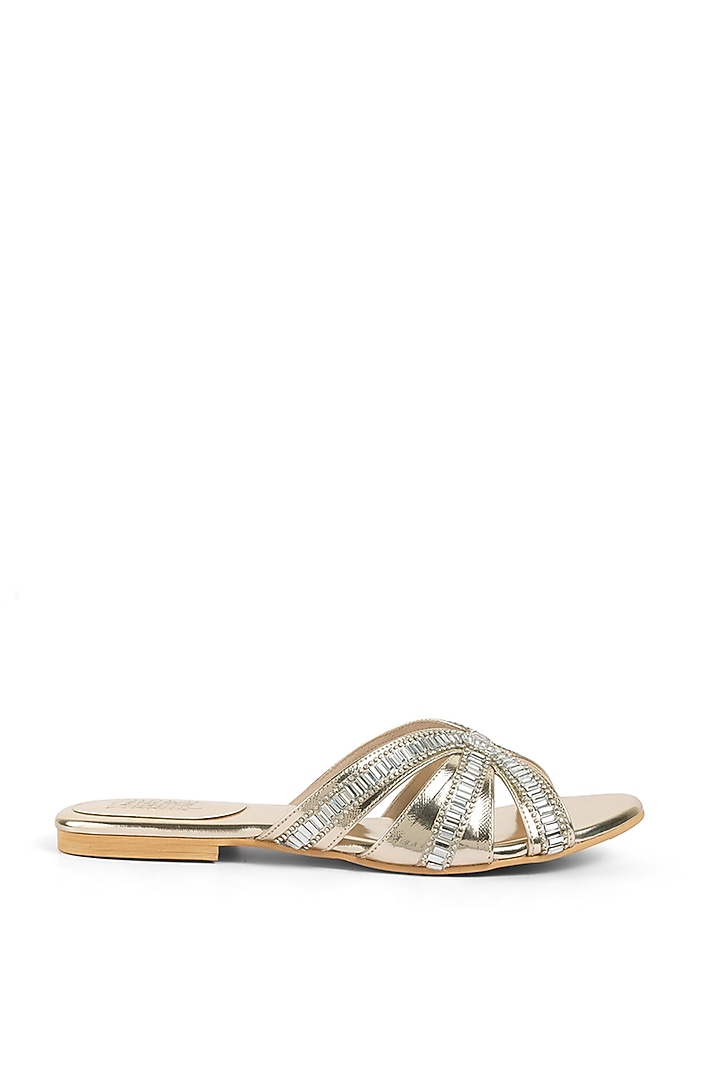 Light Gold Faux Leather Crystal Embroidered Wedges by Stoffa Bride at Pernia's Pop Up Shop