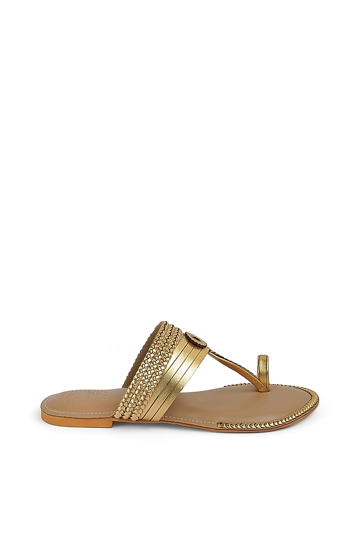 Gold Faux Leather Crystal Embroidered Flats by Stoffa Bride at Pernia's Pop Up Shop