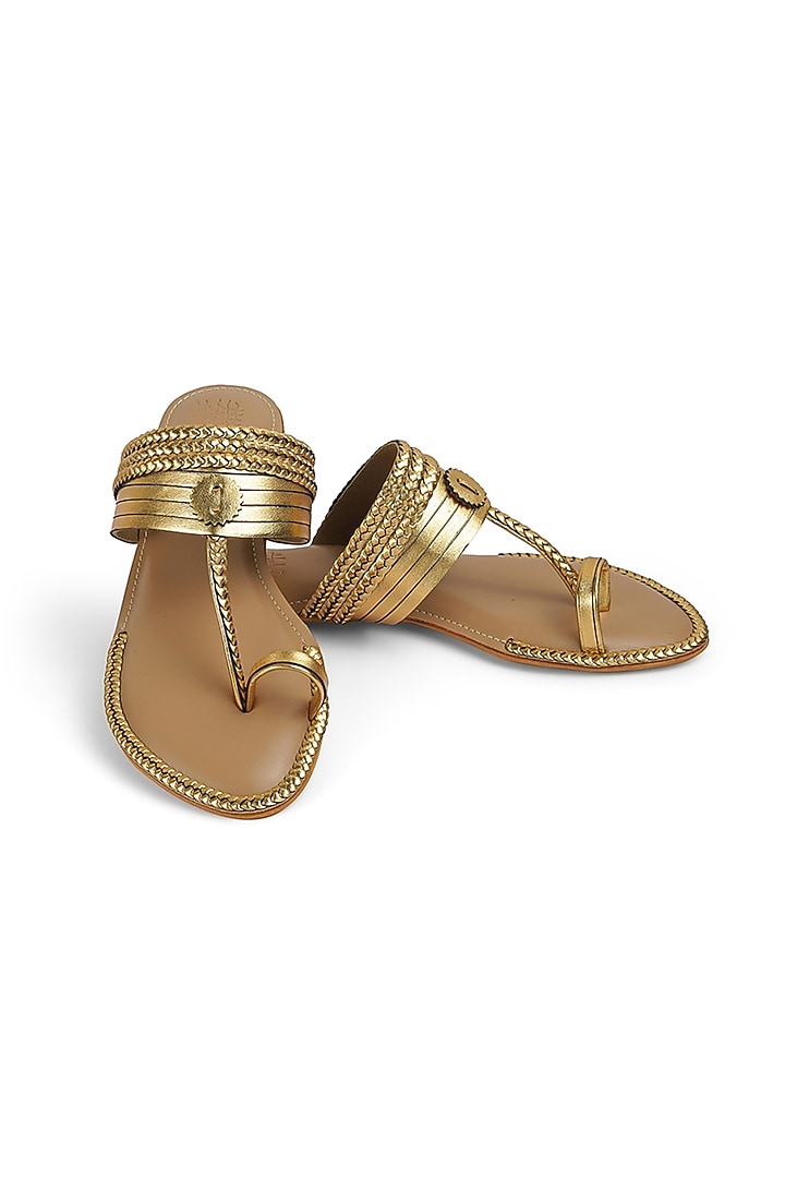 Gold Faux Leather Crystal Embroidered Flats by Stoffa Bride at Pernia's Pop Up Shop