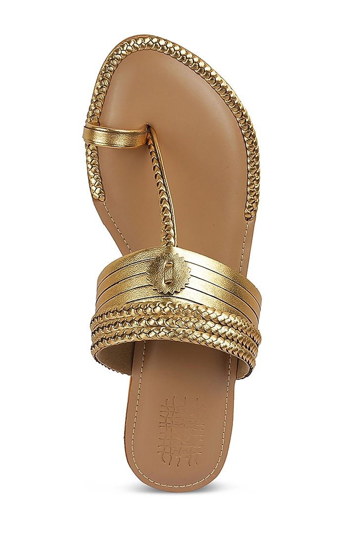 Gold Faux Leather Crystal Embroidered Flats by Stoffa Bride at Pernia's Pop Up Shop